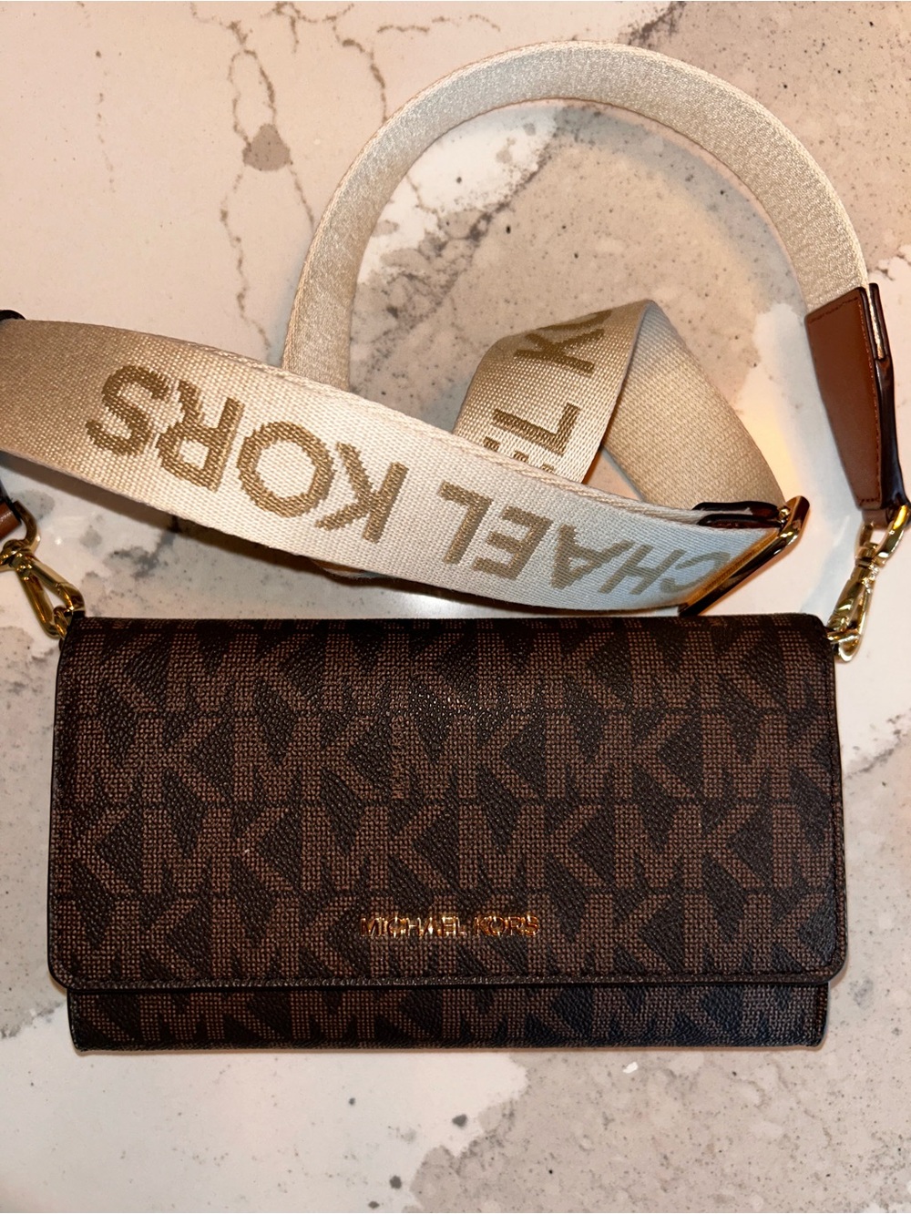 Michael Kors Brown Logo Canvas Crossbody with Beige Logo Strap